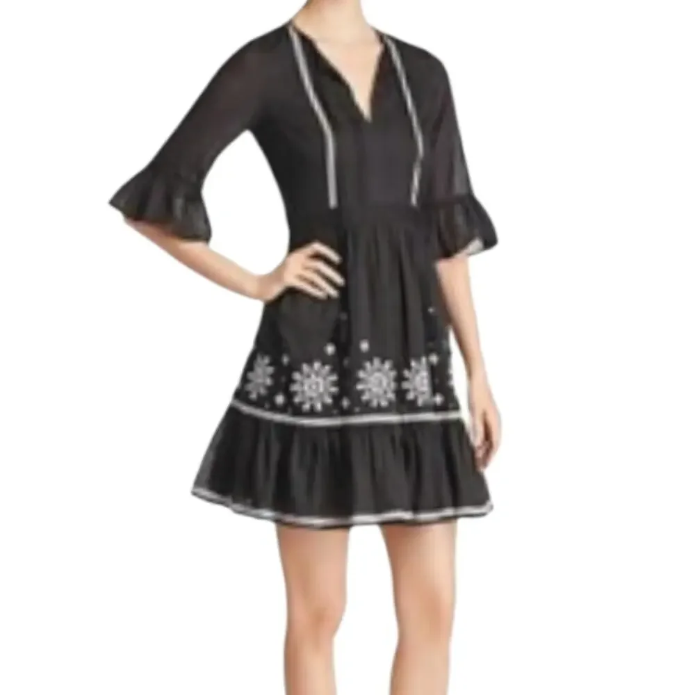 Kate Spade Black & White Mosaic Embroidered Dress 3/4 Sleeves Tassel Tie 0